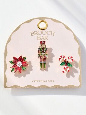 Anthropologie Christmas Brooches Festive Cheer Gold Nutcracker Poinsettia New